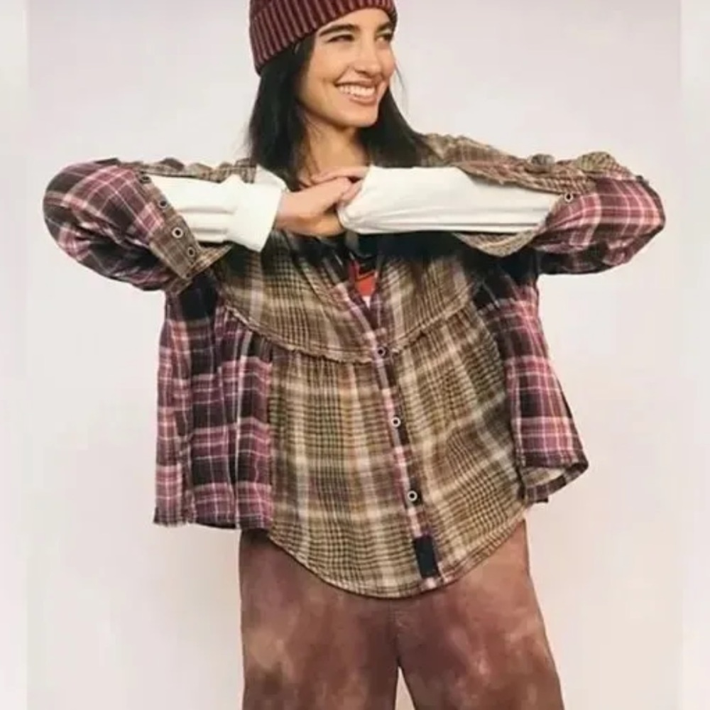 Free People Libby Plaid Top Ruffled Button Up Fray Trim Size XS NWOT Z564